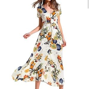 Tropical Print Button Front Midi Dress V-Neck Half Sleeves Smocked Waist Medium